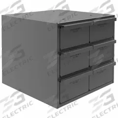 DURHAM MFG Drawer Bin Cabinet: 11 3/4 in x 12 1/4 in x 11 in, 6 Drawers, Stackable, Steel, Gray (MPN 001-95). Key specifications — Cabinet Material: Steel; Includes Dividers: Yes; Cabinet Finish: Powder Coated; Drawer Color: Gray; Cabinet Style: Drawer; Assembled: Assembled; Drawer Inside WxDxH: (6) 5-15/32 in x 11-1/4 in x 3-3/16 in; Cabinet Color: Gray.