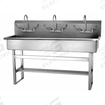 SANI-LAV Wash Station: 45 in Overall Ht, 57 in Bowl Lg, 8 in Bowl Dp, 0.5 gpm Flow Rate - Three-Station Freestanding Wash Stations with Faucets