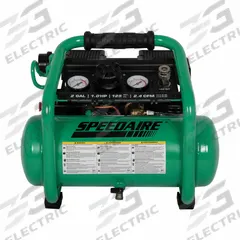 SPEEDAIRE Air Compressor: Quiet, Oil Free, 2 gal, Hot Dog, 1 hp, 2.4 cfm @ 90 psi, 120 VAC, 7.5 A (MPN 787U77). Key specifications — attr48686: Oil Free; attr48685: 120 VAC; attr48689: 1.7 cfm; attr48678: 7.5 A; attr48671: SPEEDAIRE; attr124308: Quiet (less than 75 dBA).
