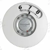 HONEYWELL HOME Low Voltage Thermostat: Heat and Cool, Manual, B/G/O/R/RC/W/Terminal Designations (MPN T87N1026). Key specifications — Application: Heat and Cool; Voltage: 20 to 30V AC; Terminal Designations: Y; System Settings: Cool-Heat-Off; Temperature Control Range: 40° to 90°F; Changeover Type: Manual; Shape: Round; Brand: HONEYWELL HOME.