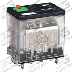 SCHNEIDER General Purpose Relay: Socket Mounted, 15 A Current Rating, 120V AC, 4PDT, F Socket (MPN RPM41F7). Key specifications — Brand: SCHNEIDER; Base Type: Square; Mounting Style: Plug-In; Pin Shape: Flat; Electrical Connection: Quick-Connect; Manufacturer Part Number: RPM41F7; Series: Harmony™ RPM Series.