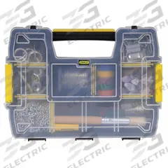 STANLEY Compartment Box: 11 1/2 in x 8 1/2 in x 2 7/8 in, Clear/Black/Yellow, 10 Compartments, Snap (MPN STST14021). Key specifications — ESD Conductive: Not Electrostatic Discharge Conductive; Color: Clear/Black/Yellow; Compartment WxD: 11-1/2 in x 2-3/4 in x 8-2/5 in; Brand: STANLEY; Material: Plastic.