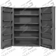 DURHAM MFG Bin Cabinet: 36 in x 24 in 72 in, 16 Shelves, 0 Bins, Deep Box, 14 ga Panel, Gray, Keyed (MPN DC36-4S12DS-95). Key specifications — Assembled: Assembled; Cabinet Style: Shelf and Bin; Brand: DURHAM MFG; Cabinet Color: Gray; Cabinet Finish: Powder Coated; Cabinet Material: Steel; Cabinet Storage Components: Shelves.