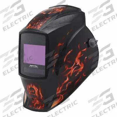 MILLER ELECTRIC Welding Helmet: Auto-Darkening, 4 Arc Sensors, Black/Red, Flames, W8-W13 - Auto-Darkening Welding Helmets - Graphic