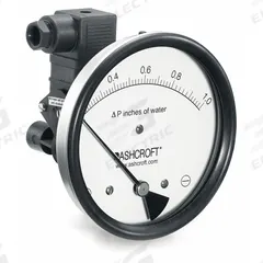 ASHCROFT Differential Pressure Gauge & Switch: Dual In-Line or Back, 1/8 in NPT Female, 1134, IP65 (MPN 451134EDRQMXV5CYLM1IWD). Key specifications — Sensor Type: Diaphragm; Series: 1134; Housing Material: Glass Filled Nylon; Certificate of Calibration: Not Included; Gauge Accuracy: ±3%.