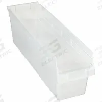 QUANTUM STORAGE SYSTEMS Shelf Bin: 23 5/8 in Overall Lg, 6 5/8 in x 8 in, Clear, Nesting Capable (MPN QSB806CL). Key specifications — attr1179622: QUANTUM STORAGE SYSTEMS; attr1179611: 0%; attr1179616: QSB806CL; attr1179624: Dividers Not Included; attr1249172: Not Electrostatic Discharge Conductive.
