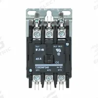EATON Definite Purpose Magnetic Contactor: 3 Poles, 120V AC, 40 A, Non-Reversing (MPN C25DNF340A). Key specifications — Brand: EATON; Coil Voltage: 110-120V AC; Contactor Style: HVACR Definite Purpose Contactor; Frame Size: D; Terminal Connection Type: Quick-Disconnect Terminals; Maximum Voltage Rating: 690V AC; Series: C25 Series; Phase: Three.
