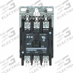 EATON Definite Purpose Magnetic Contactor: 3 Poles, 120V AC, 40 A, Non-Reversing (MPN C25DNF340A). Key specifications — Brand: EATON; Coil Voltage: 110-120V AC; Contactor Style: HVACR Definite Purpose Contactor; Frame Size: D; Terminal Connection Type: Quick-Disconnect Terminals; Maximum Voltage Rating: 690V AC; Series: C25 Series; Phase: Three.
