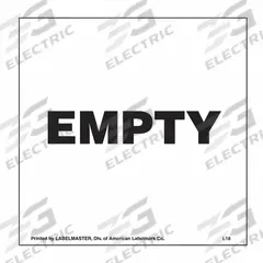 LABELMASTER DOT Container Label: "Empty" Label, 4 in x 4 in, 4 in Label Ht, 4 in Label Wd, Paper (MPN L18). Key specifications — Brand: LABELMASTER; Message: "Empty" Label.