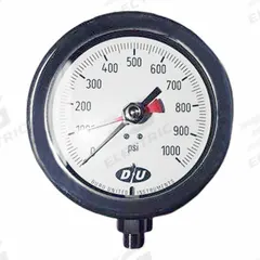 DURO Industrial Pressure Gauge: 0 psi to 1,000 psi, White, 4 1/2 in Dial, 1/4 in NPT Male, Bottom, 4 (MPN 42071313-MAXHAND). Key specifications — Brand: DURO; Pointer Color: Black; Accuracy: ±0.5%; Dial Color: White; Gauge Wetted Parts: Stainless Steel; Case Material: Stainless Steel; Vibration Resistance Properties: None; Pressure Range: 0 psi to 1,000 psi.