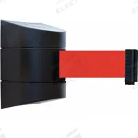 TENSABARRIER Retractable Belt Barrier: Fixed Mounting Plate, 30 ft Belt Lg, Pattern, Red, No Legend (MPN 897-30-S-33-NO-R5X-C). Key specifications — Frame Color: Black; Brand: TENSABARRIER; Belt Color: Red.