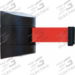 TENSABARRIER Retractable Belt Barrier: Fixed Mounting Plate, 30 ft Belt Lg, Pattern, Red, No Legend (MPN 897-30-S-33-NO-R5X-C). Key specifications — Frame Color: Black; Brand: TENSABARRIER; Belt Color: Red.