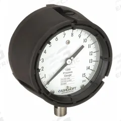 ASHCROFT Process Pressure Gauge: 0 psi to 15 psi, White, 4 1/2 in Dial, 1/2 in NPT Male, Bottom, PBT (MPN 451259SD04YLXCY15). Key specifications — Brand: ASHCROFT; Pointer Color: Black; Accuracy: ±0.5%; Dial Color: White; Gauge Wetted Parts: Stainless Steel; Case Material: PBT; Vibration Resistance Properties: None; Pressure Range: 0 psi to 15 psi.