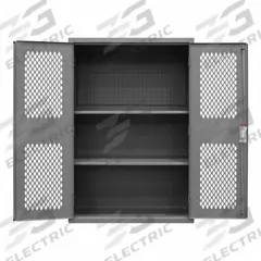 DURHAM MFG Pegboard Cabinet: 48 in x 24 in x 72 in, 2 Adj Shelves, Swing Handle & Keyed, Frame, Gray (MPN EMDC-482472-PB-2S-95). Key specifications — Brand: DURHAM MFG; Body Panel Type: Ventilated; Base Type: Frame; Cabinet Color: Gray; Frame Assembled: Assembled.