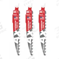 MILWAUKEE Reciprocating Saw Blade: 3 Teeth per Inch, 6 in Blade Lg, 0.05 in Blade Thick, Wood, 3 PK (MPN 48-00-5331). Key specifications — attr1109198: 3; attr1109200: Rigid for Straight Cuts; attr1109201: Curved; attr1109209: MILWAUKEE.