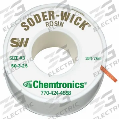 CHEMTRONICS Desoldering Wick: Rosin Flux, # 3, 0.08 in, 25 ft, Green, Std - Rosin Flux Desoldering Braids