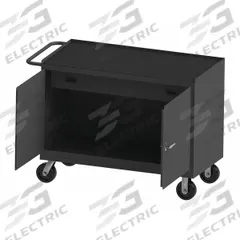 DURHAM MFG Mobile Cabinet Workbench: 48 in x 24 in, Rubber, 3,600 lb Overall Load Capacity, Gray (MPN 3413-RM-95). Key specifications — Included Components: Handle on Side; Assembly: Fully Assembled; Brand: DURHAM MFG.