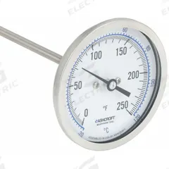 ASHCROFT Dial Thermometer: 0°F to 250°F /-20°C to 120°C, ±1% Accuracy, 9 in Stem Lg, 3 in Dial Dia (MPN 30EI60R). Key specifications — Accuracy: ±1 %; Brand: ASHCROFT.