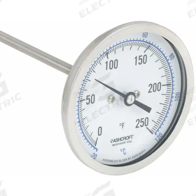 ASHCROFT Dial Thermometer: 0°F to 250°F /-20°C to 120°C, ±1% Accuracy, 9 in Stem Lg - Back-Mount Fixed-Angle Thread-Mount Dial Thermometers