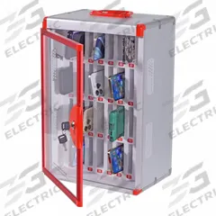 VICTOR Cell Phone Locker: 12 3/4 in x 8 5/8 in x 18 1/2 in, 32 Lockers, 1 in x 4 in, Aluminum, Keyed (MPN PB032). Key specifications — attr117739: Surface; attr65883: VICTOR; attr117741: Gray/Red; attr117751: Aluminum; attr117754: Assembled.