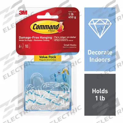COMMAND Hook: 1 lb Wt Capacity, 1 Points per Hook, Clear, 2 in Overall Ht, 1 in Overall Wd - Adhesive-Backed Utility Hooks