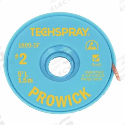 TECHSPRAY Desoldering Braid: Rosin Flux, # 2, 0.055 in, 5 ft, Yellow - Rosin Flux Desoldering Braids