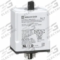 SCHNEIDER Single Function Time Delay Relay: Socket Mounted, 110V AC, 10 A, 8 Pins/Terminals (MPN 9050JCK12V20). Key specifications — Contact Rating (AC): 10 A @ 120/240V; Brand: SCHNEIDER.