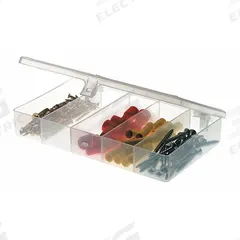PLANO MOLDING Compartment Box: 6 1/2 in x 3 3/4 in x 1 1/8 in, Clear, 5 Compartments, 0 Adj Dividers (MPN 344985). Key specifications — ESD Conductive: Not Electrostatic Discharge Conductive; Color: Clear; Compartment WxD: 3-3/4 in x 1 in; Brand: PLANO MOLDING; Material: Plastic.