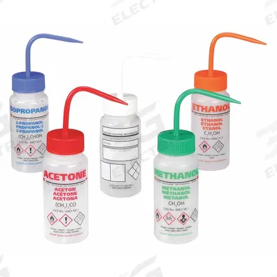 DYNALON Wash Bottle: 250 mL, Acetone/Ethanol/Isopropanol/Methanol/Write-On, Assorted - Wide Mouthed Standard Spout Wash Bottles