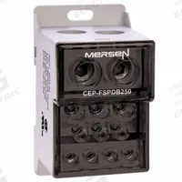 MERSEN Power Distribution Block: Finger-Safe, Lug, Lug, 6 AWG – 250 kcmil For Line Side Wire Sizes (MPN CEP-FSPDB250). Key specifications — Mounting Type: DIN-Rail; Brand: MERSEN; For Conductor Material: Aluminum.