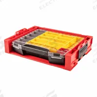 TEKTON Lidded Drawer: 17 1/2 in W 13 1/2 in D 4 in H, Plastic, Gray/Red/Yellow, Hinged Lid (MPN OLB94023). Key specifications — attr1116905: Red; attr1116917: Hinged; attr1116946: TEKTON.