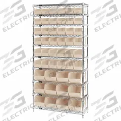 QUANTUM STORAGE SYSTEMS Shelving Unit: 36 in x 14 in x 74 in, 1 Sided, 48 Bins, Open, White (MPN WR10-230240IV). Key specifications — Includes Bins: Yes; Frame Color: Chrome; Bin HxWxD: 5 x 5-1/2 x 10-7/8 in; Frame Material: Carbon Steel; Bin Color: White; Brand: QUANTUM STORAGE SYSTEMS.