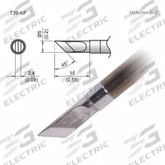 HAKKO Soldering Tip: T39 Series, Knife, 5 mm W, 15 mm Lg, 0.2 in OD (MPN T39-KF). Key specifications — Brand: HAKKO; Compatible Handpiece Manufacturer Model Number: FX-9701; Manufacturer Part Number: T39-KF.