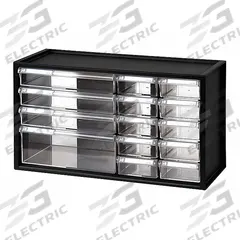 WESTWARD Drawer Bin Cabinet: 17 3/4 in x 7 in x 9 3/4 in, 14 Drawers, Stackable, Polystyrene, Black (MPN 31TT95). Key specifications — attr66719: Polystyrene; attr66728: Yes; attr66722: Clear; attr66720: Drawer; attr66714: Assembled; attr66726: (10) 1-1/2 in x 3-1/2 in x 6-1/4 in; attr66716: Black; attr66753: Polystyrene.