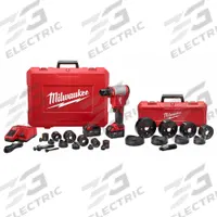 MILWAUKEE Knockout Tool Kit: 18V DC, 6 in Punching Capacity (Steel), For 12 ga Max. Steel Thick (MPN 2676-23). Key specifications — attr1256918: (1) 3 in Die; attr1256897: (2) 3.0 Ah; attr1303978: 2 Batteries, 1 Charger.