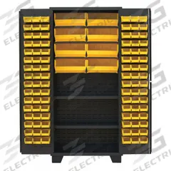 JAMCO Bin Cabinet: 36 in x 24 in 78 in, 2 Shelves, 104 Bins, Yellow, Flush, 14 ga Panel, Black (MPN DN236BL). Key specifications — Bin Color: Yellow; Bin HxWxD: (96) 3 in x 4-1/8 in x 7-1/2 in; Assembled: Assembled; Cabinet Style: Shelf and Bin; Brand: JAMCO; Cabinet Color: Black; Cabinet Finish: Powder Coated; Cabinet Material: Steel.