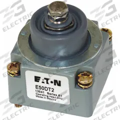 EATON Limit Switch Head: Plunger, Top, E50 Series (MPN E50DT2). Key specifications — Compatible with Series: E50; Actuator Location: Top; Brand: EATON; Action: Momentary; Arm/Operator Material: Non-Metallic.