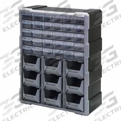 QUANTUM STORAGE SYSTEMS Drawer Bin Cabinet: 15 in x 6 1/4 in x 18 3/4 in, 30 Drawers, Stackable (MPN PDC-930BK). Key specifications — attr66719: Plastic; attr66728: No; attr66758: Heavy Duty; attr66722: Clear; attr66720: Drawer; attr66726: (30) 5-1/2 in x 2 in x 1-1/4 in; attr66716: Black; attr66753: Polypropylene.