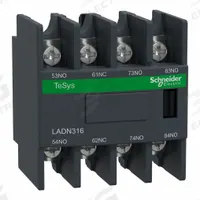 SCHNEIDER Auxiliary Contact Block: 3NO/1NC, 6 A Max Current (AC), Front Mount, Front-Mounted (MPN LADN316). Key specifications — Brand: SCHNEIDER; Compatible with Series: TeSys Deca.
