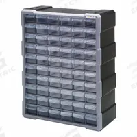 QUANTUM STORAGE SYSTEMS Drawer Bin Cabinet: 15 in x 6 1/4 in x 18 3/4 in, 60 Drawers, Stackable (MPN PDC-60BK). Key specifications — attr66719: Plastic; attr66728: No; attr66758: Heavy Duty; attr66722: Clear; attr66720: Drawer; attr66726: (60) 5-1/2 in x 2 in x 1-1/4 in; attr66716: Black; attr66753: Polypropylene.