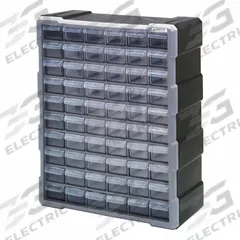 QUANTUM STORAGE SYSTEMS Drawer Bin Cabinet: 15 in x 6 1/4 in x 18 3/4 in, 60 Drawers, Stackable (MPN PDC-60BK). Key specifications — attr66719: Plastic; attr66728: No; attr66758: Heavy Duty; attr66722: Clear; attr66720: Drawer; attr66726: (60) 5-1/2 in x 2 in x 1-1/4 in; attr66716: Black; attr66753: Polypropylene.