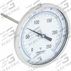 ASHCROFT Dial Thermometer: 0°F to 250°F /-20°C to 120°C, ±1% Accuracy, 6 in Stem Lg, 5 in Dial Dia (MPN 50EI60R). Key specifications — Accuracy: ±1 %; Brand: ASHCROFT.