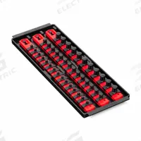 ERNST MANUFACTURING Twist-Lock Socket Organizer Tray: Red, 5 5/16 in Overall Wd, 40 Posts/Slots (MPN 8490). Key specifications — attr1125333: I.D. Stickers; attr1125348: Plastic; attr1125346: ERNST MANUFACTURING; attr1125347: Red; attr1136588: Sockets; attr1125364: Socket Rail.