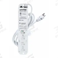 LEVITON Outlet Strip: 4 Outlets, 7 ft Cord Lg, 644 J Rated Energy, 20 A Current, White, 5-20P, 5-20R (MPN 53C4M-2N7). Key specifications — Brand: LEVITON; Mounting Style: Screw.