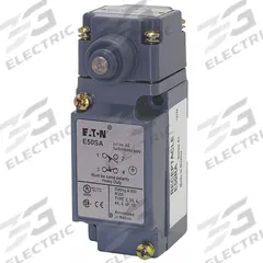 EATON Plunger Limit Switch: Plunger Actuator, Momentary/Momentary, Metallic, 8 ozf Op Force - Min (MPN E50BT16P). Key specifications — Manufacturer Part Number: E50BT16P; Brand: EATON; Electrical Connection: 8 ft Cable; Action: Momentary/Momentary; Series: E50; Body Material Type: Metallic; Actuator Type: Plunger.