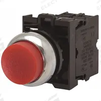 EATON Illuminated Push Button: Illuminated, Extended Profile, Non-Metallic, 22 mm, 1NO/1NC (MPN M22-DLH-R-K11-230R). Key specifications — Brand: EATON; Action: Momentary; Series: M22; Push Button Material Type: Non-Metallic.