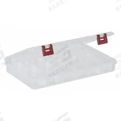 PLANO MOLDING Compartment Box: 14 in x 9 1/4 in x 1 7/8 in, Clear, 28 Compartments, 25 Adj Dividers (MPN 2-3750-02). Key specifications — ESD Conductive: Not Electrostatic Discharge Conductive; Color: Clear; Brand: PLANO MOLDING; Material: Plastic.