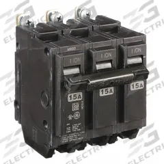 GE Miniature Circuit Breaker: THQB, 15 A, 120/240V AC, Three Phase, 10kA at 120/240V AC, Std (MPN THQB32015). Key specifications — attr195972: 15 A; attr195973: 120/240V AC; attr195974: Three; attr195975: 10kA at 120/240V AC; attr195976: Load Centers.