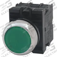 EATON Illuminated Push Button: Illuminated, Flush Profile, Metallic, 22 mm, 2NO (MPN M22M-DL-G-K20-230G). Key specifications — Brand: EATON; Action: Momentary; Series: M22; Push Button Material Type: Metallic.