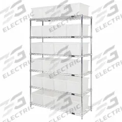 QUANTUM STORAGE SYSTEMS Shelving Unit: 48 in x 18 in x 74 in, 1 Sided, 24 Bins, Stack and Nest Bin (MPN WR6-24185CL). Key specifications — Includes Bins: Yes; Frame Color: Chrome; Bin HxWxD: 9 x 11 x 18 in; Frame Material: Carbon Steel; Bin Color: Clear; Bin Style: Stack and Nest; Brand: QUANTUM STORAGE SYSTEMS.